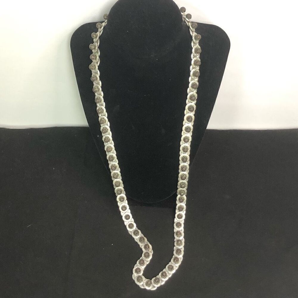 vintage gypsy boho handmade button and rose bead long necklace silver tones